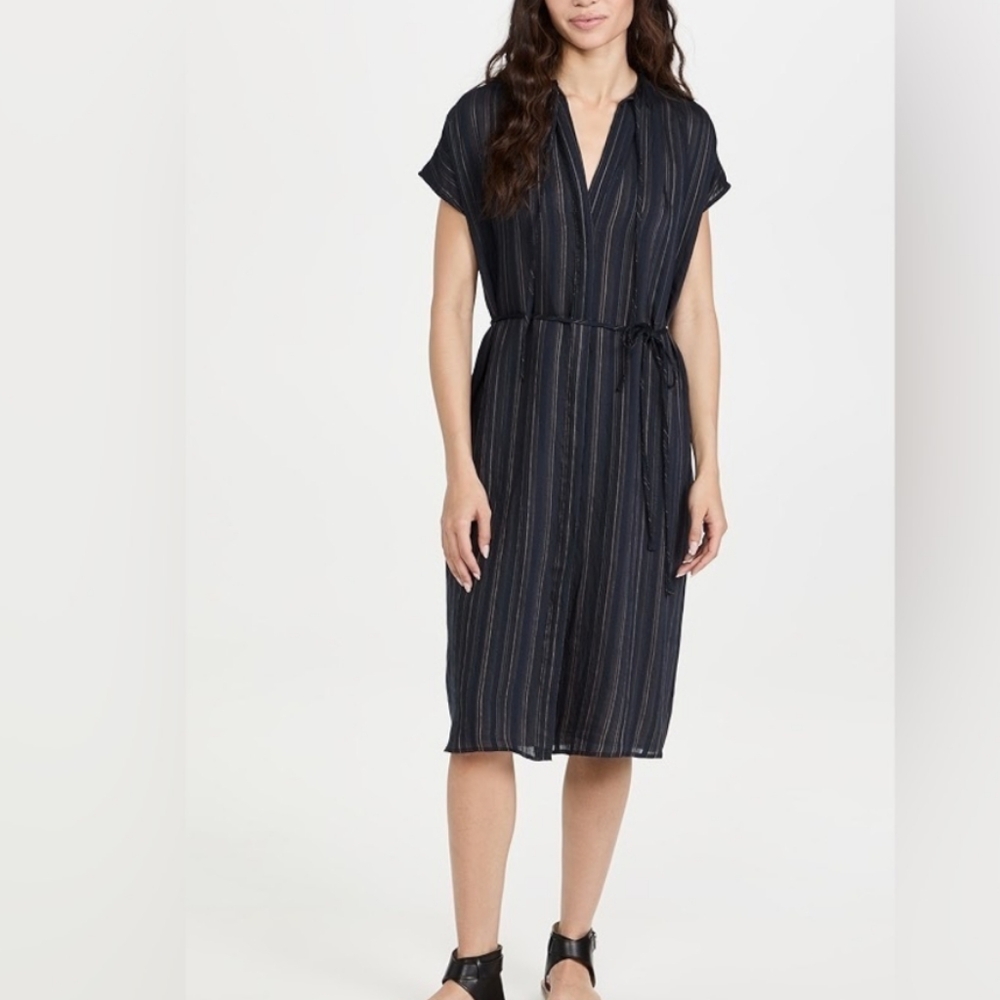 Vince 2022 Women's Drapey Stripe Shirred Shirt Belted Dress Navy Blue Small